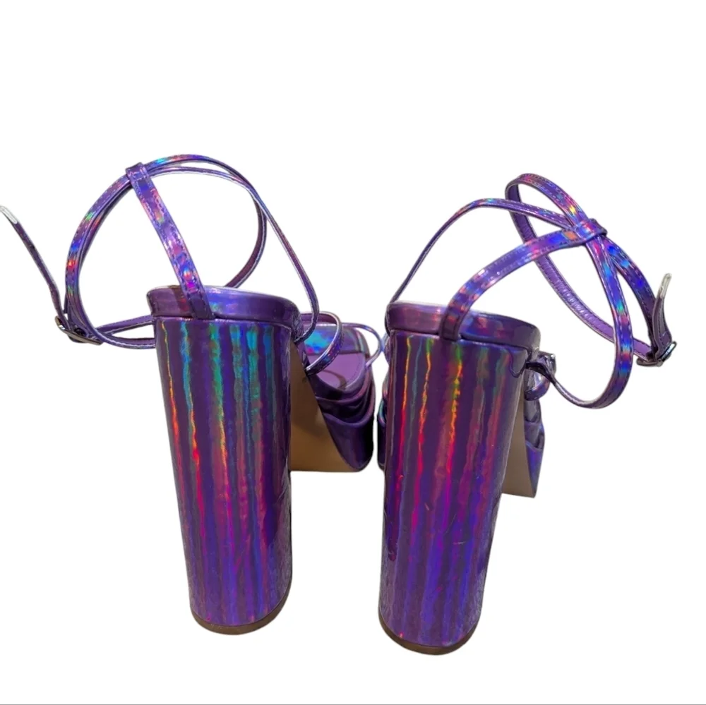 Vivianly Holographic Purple Iridescent Strappy Platform Sandals Heels sz 9 Disco - Picture 5 of 8